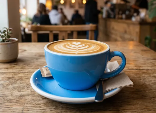 Un café latté dans une belle tasse bleue